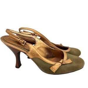 Enzo Angiolini Olive Green & Gold Eatashiro Slingback Heels Size 7.5